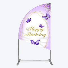 Aperturee - Aperturee Violet Floral Butterfly Happy Birthday Half Moon Arch Backdrop