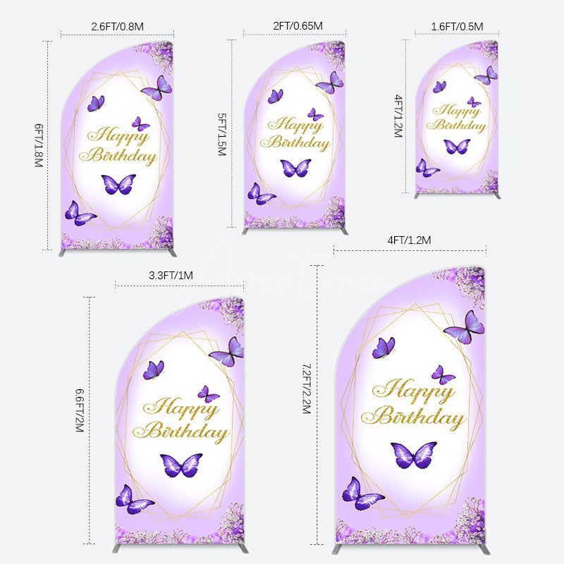 Aperturee - Aperturee Violet Floral Butterfly Happy Birthday Half Moon Arch Backdrop