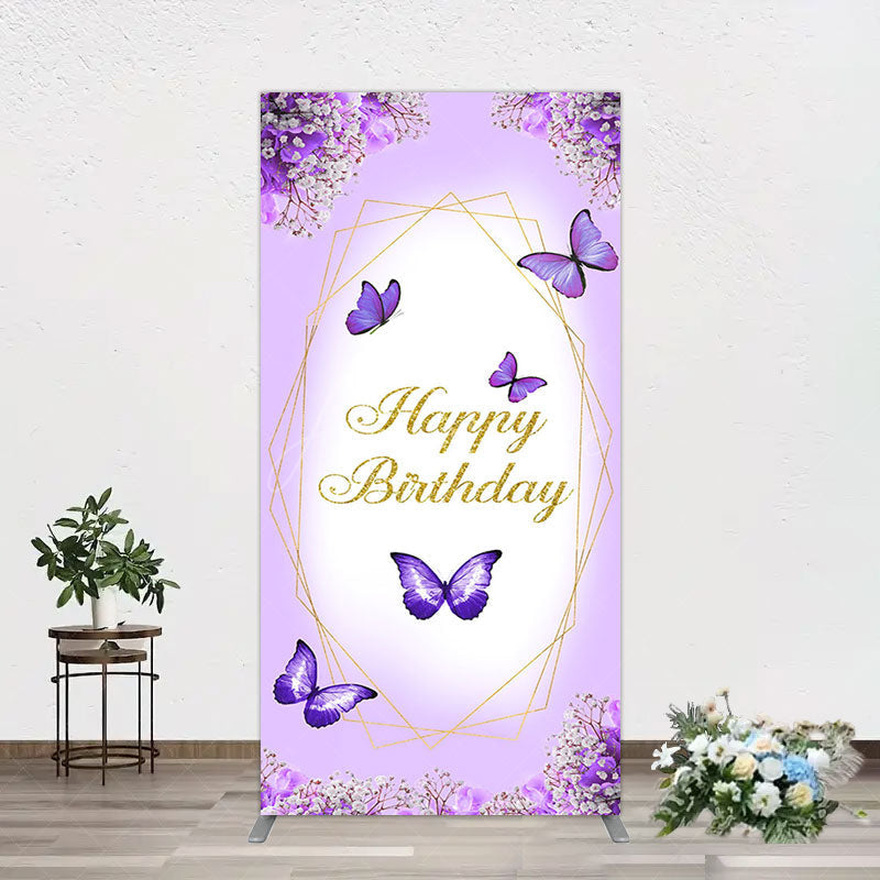 Aperturee - Aperturee Violet Floral Butterfly Happy Birthday Rectangle Backdrop