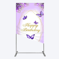 Aperturee - Aperturee Violet Floral Butterfly Happy Birthday Rectangle Backdrop