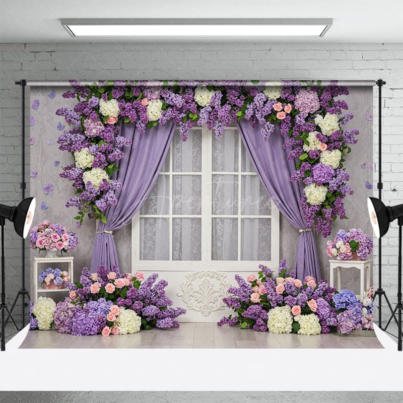 Aperturee - Aperturee Violet Floral Curtain Window Sweet Wedding Backdrop