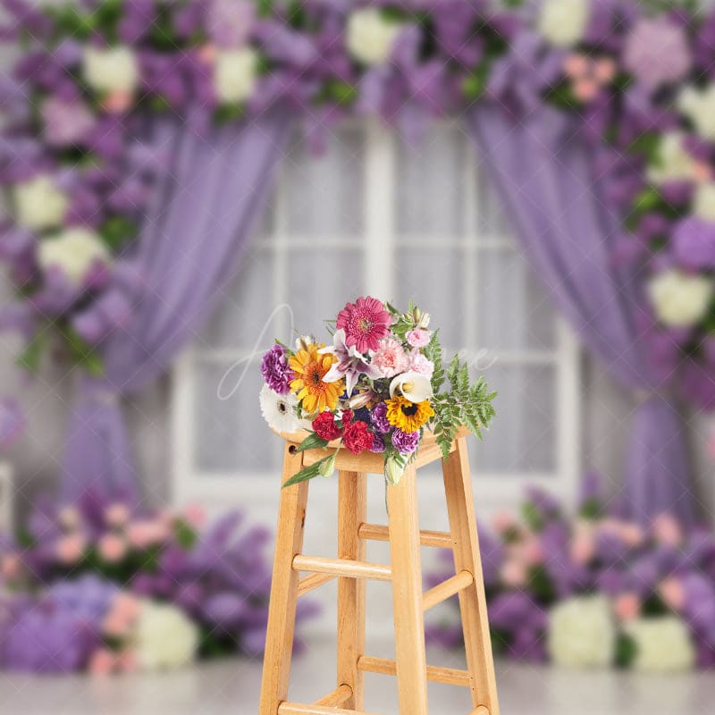 Aperturee - Aperturee Violet Floral Curtain Window Sweet Wedding Backdrop
