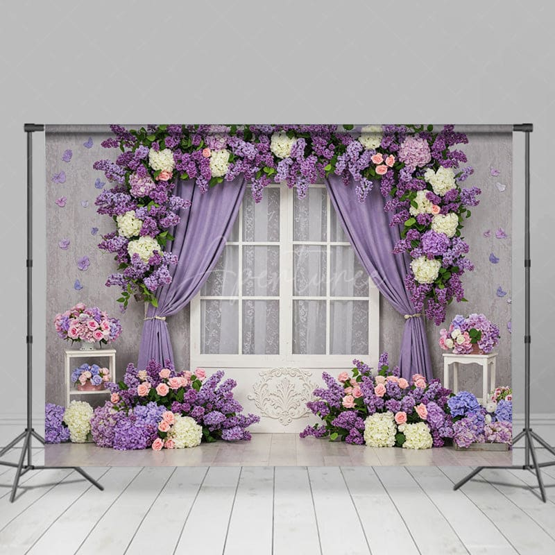 Aperturee - Aperturee Violet Floral Curtain Window Sweet Wedding Backdrop