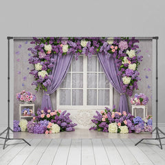 Aperturee - Aperturee Violet Floral Curtain Window Sweet Wedding Backdrop