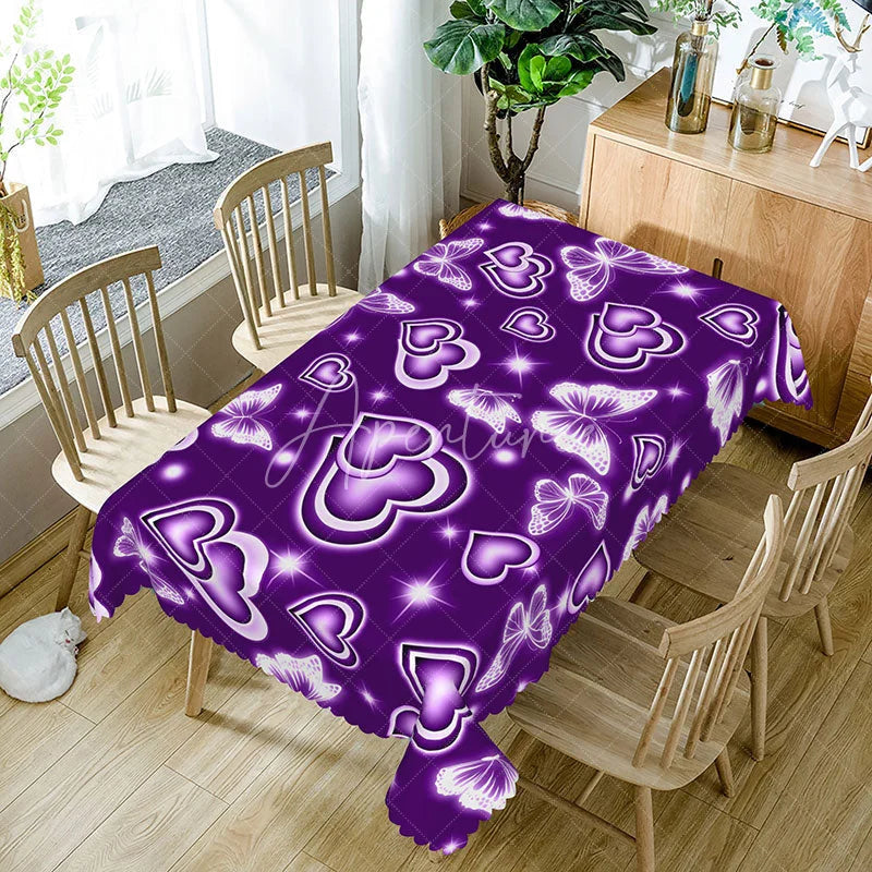 Aperturee - Aperturee Violet Purple Glowing Heart Butterfly Rectangle Tablecloth Magic Neon Sparkle Pattern Fantasy Valentine Decor