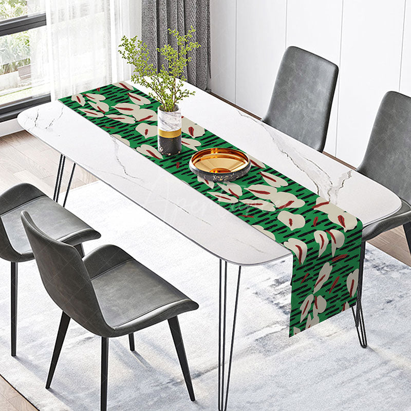 Aperturee - Aperturee Vivid Floral Table Runner with Green and Black Stripes Bold Botanical Decor for Modern Dining Table