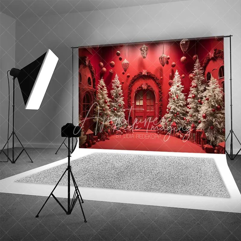 Aperturee - Aperturee Vivid Red Christmas Room Backdrop White Flocked Trees Red Ornaments Arched Door Photo Background