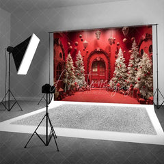 Aperturee - Aperturee Vivid Red Christmas Room Backdrop White Flocked Trees Red Ornaments Arched Door Photo Background