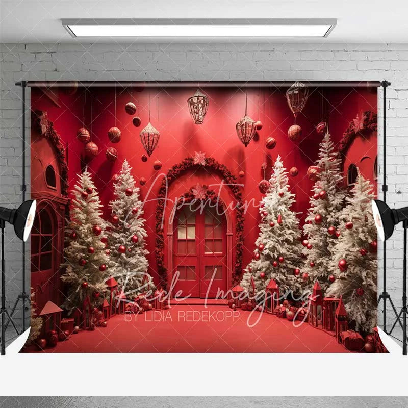 Aperturee - Aperturee Vivid Red Christmas Room Backdrop White Flocked Trees Red Ornaments Arched Door Photo Background