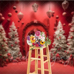 Aperturee - Aperturee Vivid Red Christmas Room Backdrop White Flocked Trees Red Ornaments Arched Door Photo Background
