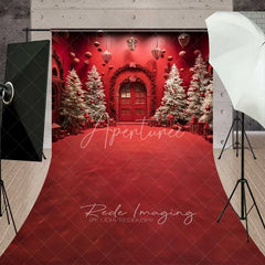 Aperturee - Aperturee Vivid Red Christmas Room Sweep Backdrop White Flocked Trees Arched Door Red Floor Photo Background