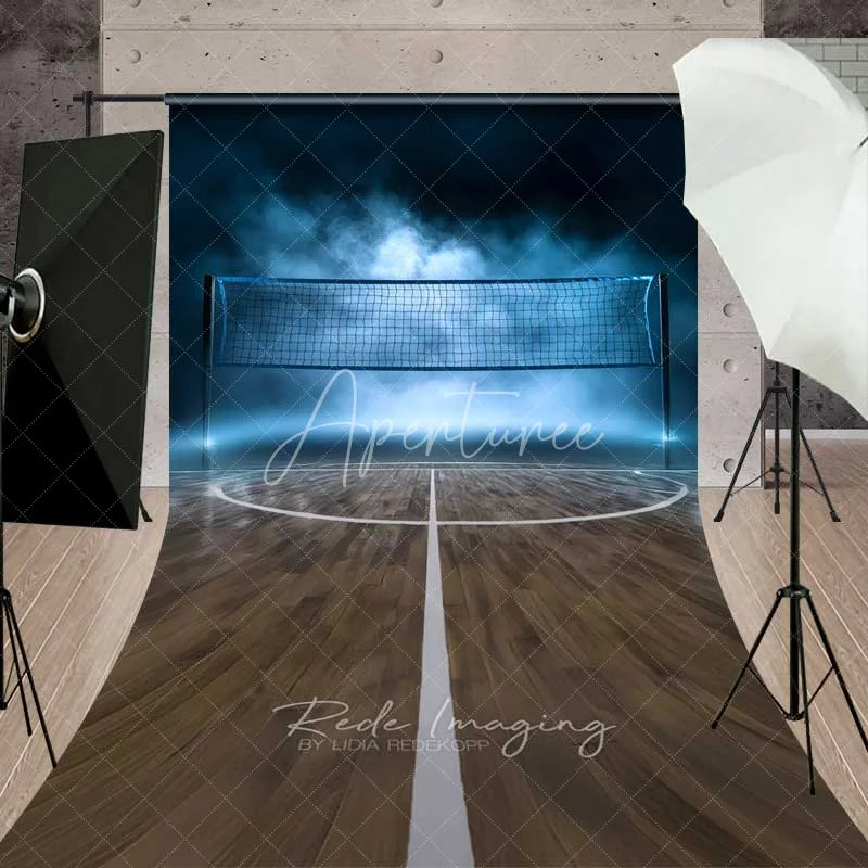 Aperturee - Aperturee Volleyball Court Net Sweep Photography Backdrop Blue Foggy Gym Wood Floor Sports Photo Background