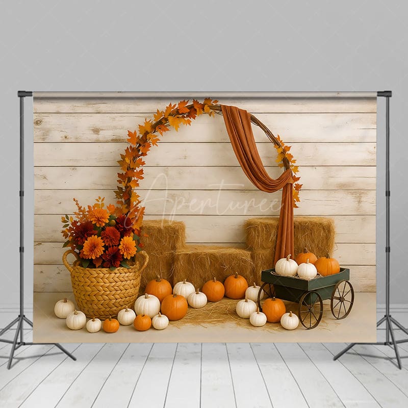 Aperturee - Aperturee Wagon In A Haystack Floral Pumpkin Wedding Backdrop