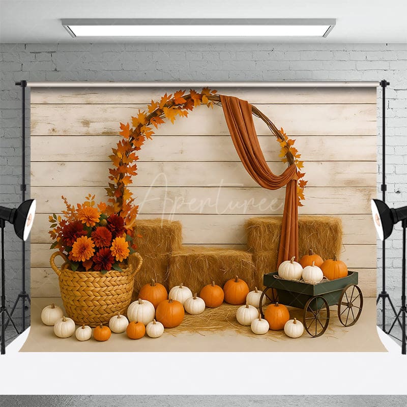 Aperturee - Aperturee Wagon In A Haystack Floral Pumpkin Wedding Backdrop