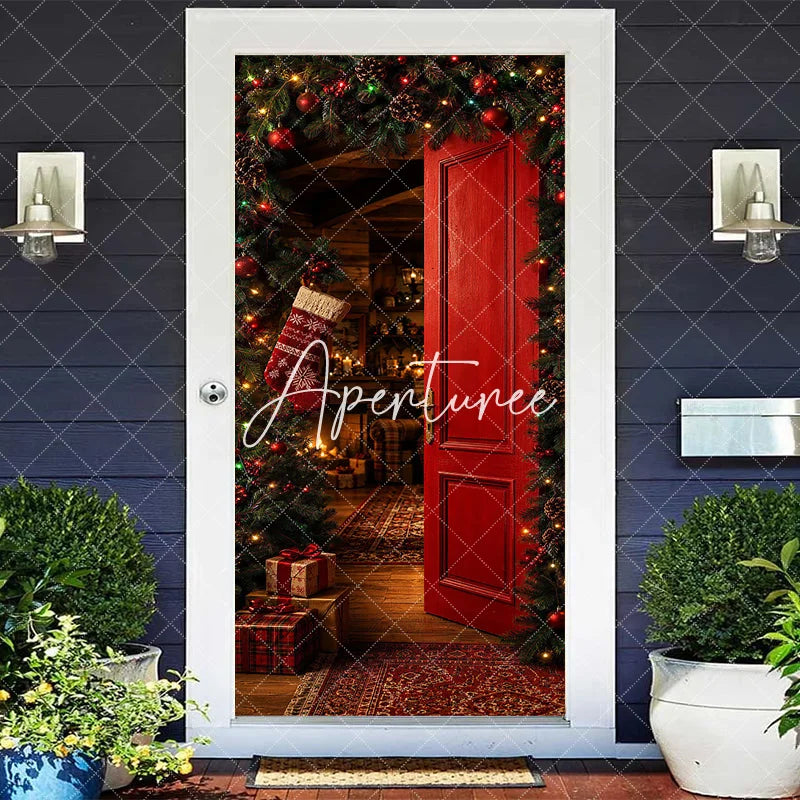 Aperturee - Aperturee Warm and Inviting Red Christmas Door Cover with Festive Garland Pinecones and Cozy Holiday Interior Scene
