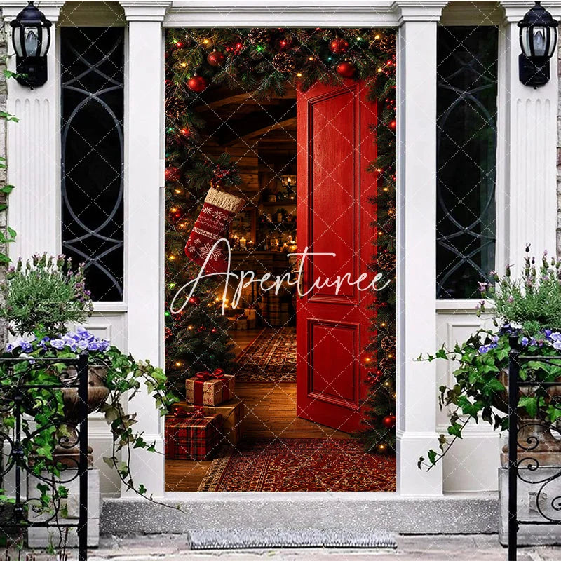 Aperturee - Aperturee Warm and Inviting Red Christmas Door Cover with Festive Garland Pinecones and Cozy Holiday Interior Scene