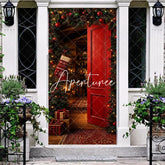 Aperturee - Aperturee Warm and Inviting Red Christmas Door Cover with Festive Garland Pinecones and Cozy Holiday Interior Scene