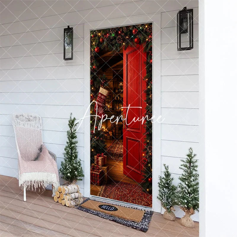 Aperturee - Aperturee Warm and Inviting Red Christmas Door Cover with Festive Garland Pinecones and Cozy Holiday Interior Scene