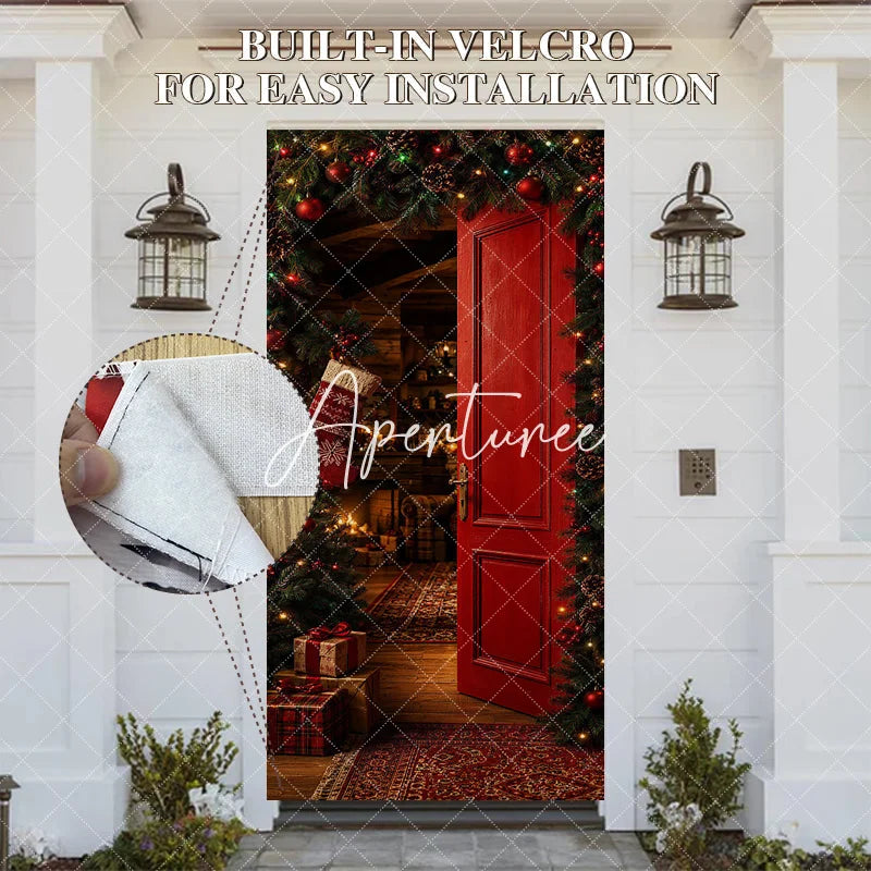 Aperturee - Aperturee Warm and Inviting Red Christmas Door Cover with Festive Garland Pinecones and Cozy Holiday Interior Scene