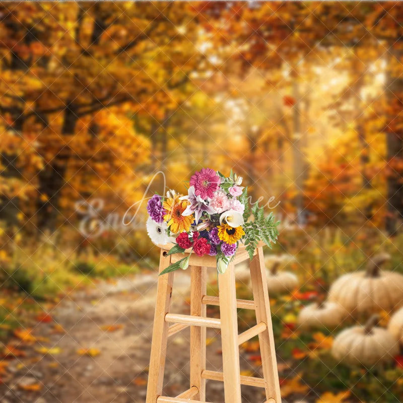 Aperturee - Aperturee Warm Autumn Forest Photography Backdrop with Golden Light and Pumpkins Fall Harvest Scenic Decor