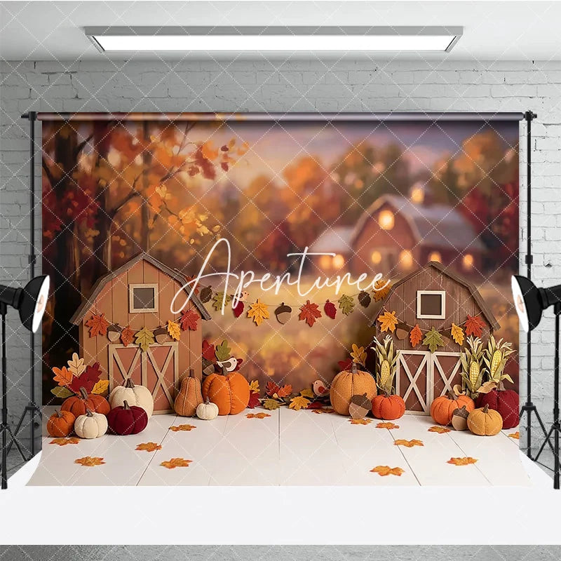 Aperturee - Aperturee Warm Autumn Harvest Barn Photography Backdrop with Pumpkins and Fall Leaves Rustic Thanksgiving Decor
