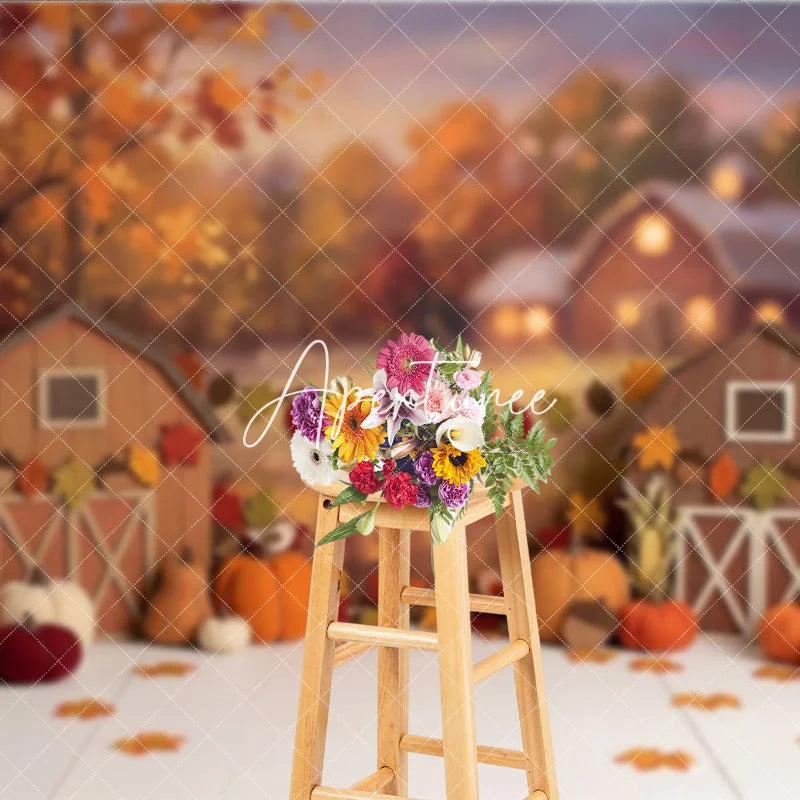 Aperturee - Aperturee Warm Autumn Harvest Barn Photography Backdrop with Pumpkins and Fall Leaves Rustic Thanksgiving Decor