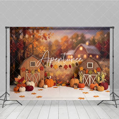 Aperturee - Aperturee Warm Autumn Harvest Barn Photography Backdrop with Pumpkins and Fall Leaves Rustic Thanksgiving Decor