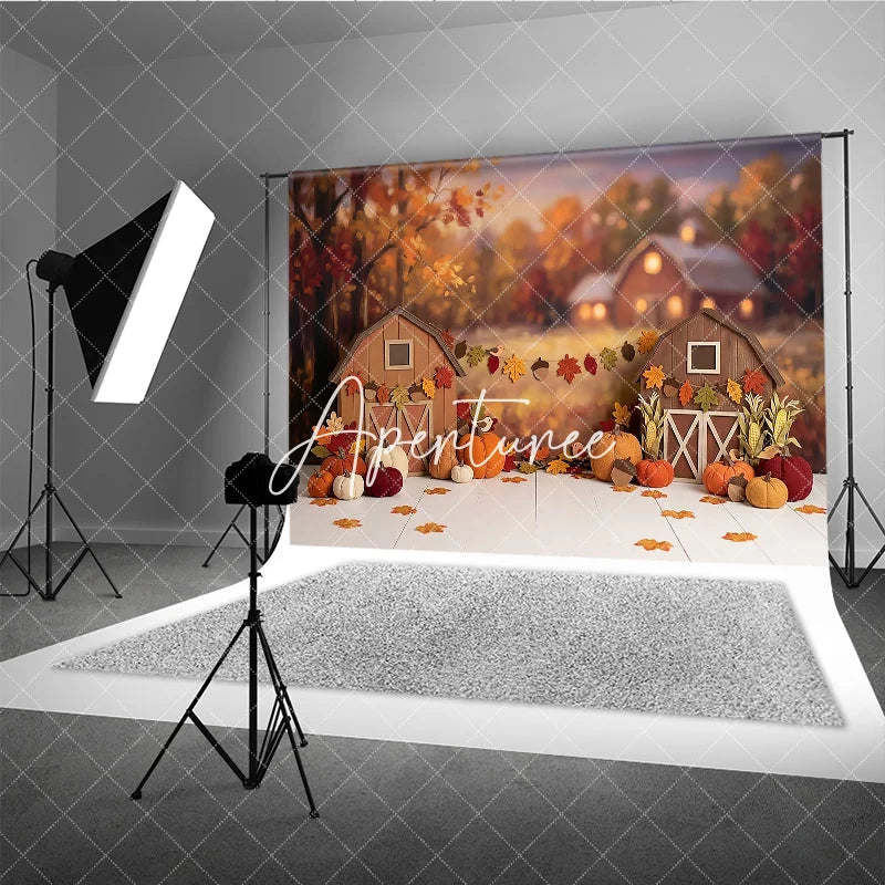 Aperturee - Aperturee Warm Autumn Harvest Barn Photography Backdrop with Pumpkins and Fall Leaves Rustic Thanksgiving Decor