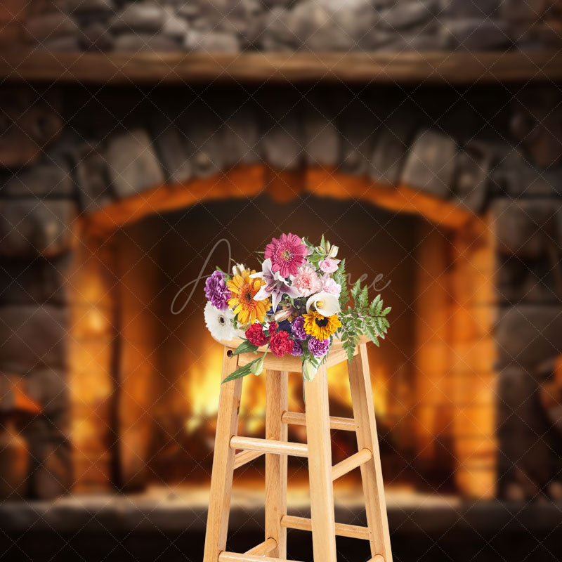 Aperturee - Aperturee Warm Brick Fireplace Wood Pile Photography Backdrop
