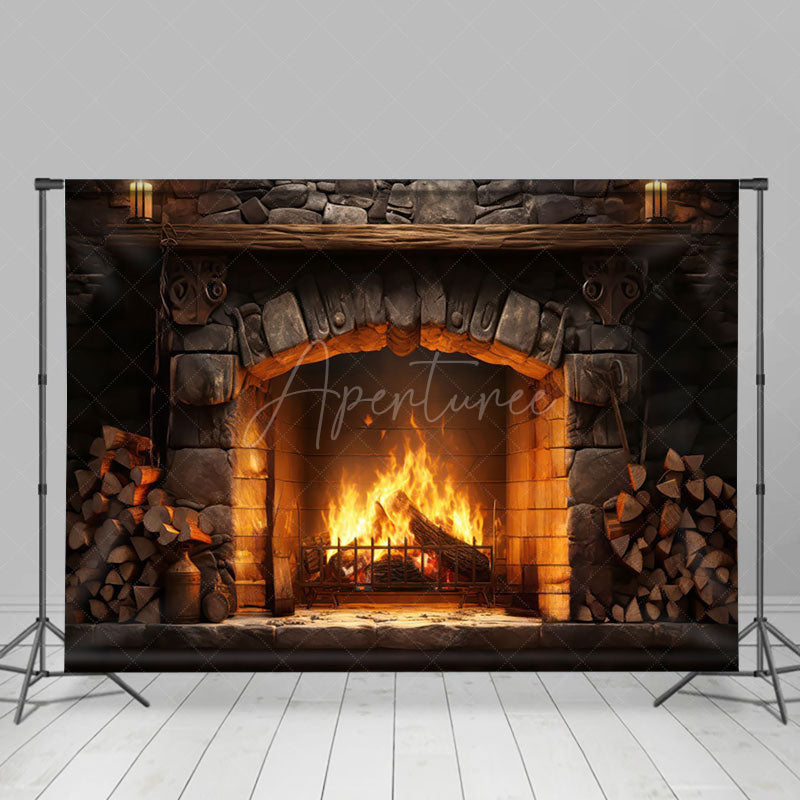 Aperturee - Aperturee Warm Brick Fireplace Wood Pile Photography Backdrop