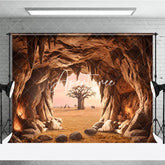 Aperturee - Aperturee Warm Earthy African Savanna Cave Entrance Photography Backdrop with Baobab Tree and Wildlife Sunset View