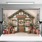 Aperturee - Aperturee Warm Festive Indoor Fireplace with Decorated Pine Tree Holiday Backdrop Cozy Winter Family Party Photo Studio Decor