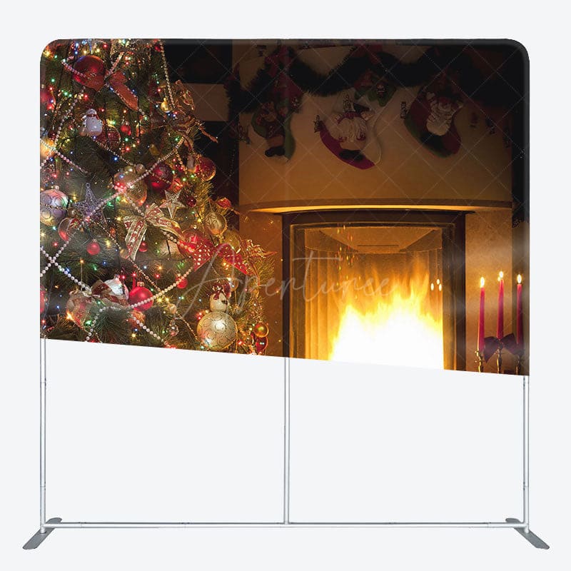 Aperturee - Aperturee Warm Fireplace Christmas Tree Tension Fabric Backdrop