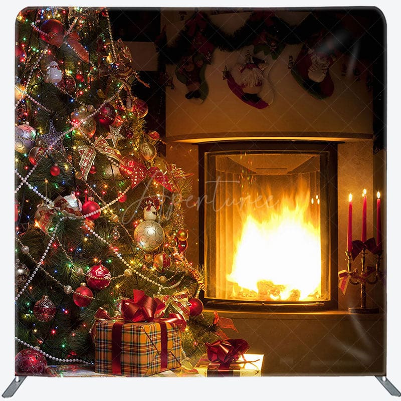 Aperturee - Aperturee Warm Fireplace Christmas Tree Tension Fabric Backdrop