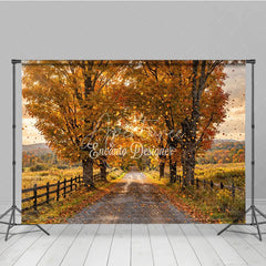 Aperturee - Aperturee Warm Golden Autumn Trees Photography Backdrop with Falling Leaves Scenic Gravel Road and Rustic Wooden Fence