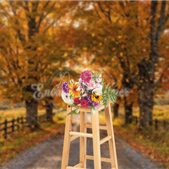 Aperturee - Aperturee Warm Golden Autumn Trees Photography Backdrop with Falling Leaves Scenic Gravel Road and Rustic Wooden Fence