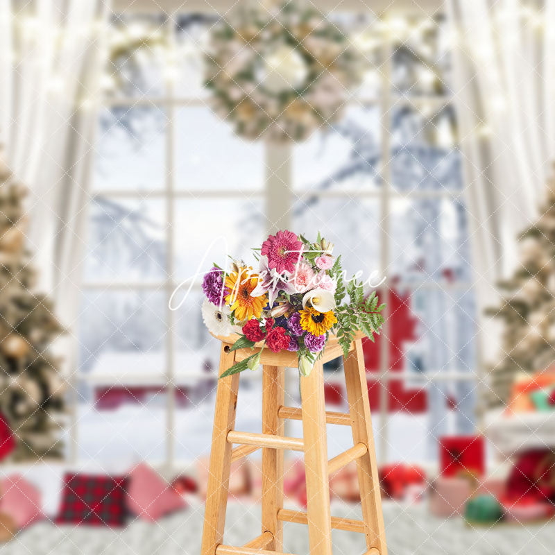 Aperturee - Aperturee Warm Home Teddy Bear Window Snow Cabin Xmas Backdrop