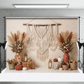Aperturee - Aperturee Warm Neutral Boho Macrame and Pampas Grass Autumn Photography Backdrop Rustic Fall Harvest Decor with Pumpkins