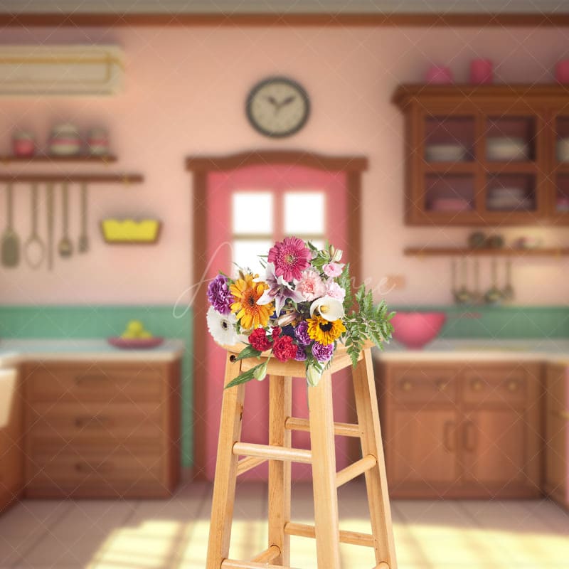 Aperturee - Aperturee Warm Pink Green Kitchen Cake Smash Photo Backdrop