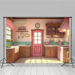 Aperturee - Aperturee Warm Pink Green Kitchen Cake Smash Photo Backdrop