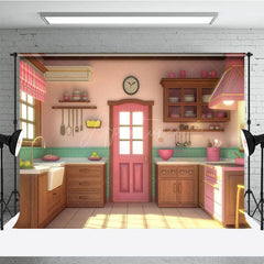 Aperturee - Aperturee Warm Pink Green Kitchen Cake Smash Photo Backdrop