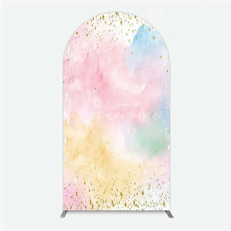 Aperturee - Aperturee Watercolor Abstract Arch Backdrop Pastel Clouds and Gold Glitter Dust Party Decoration
