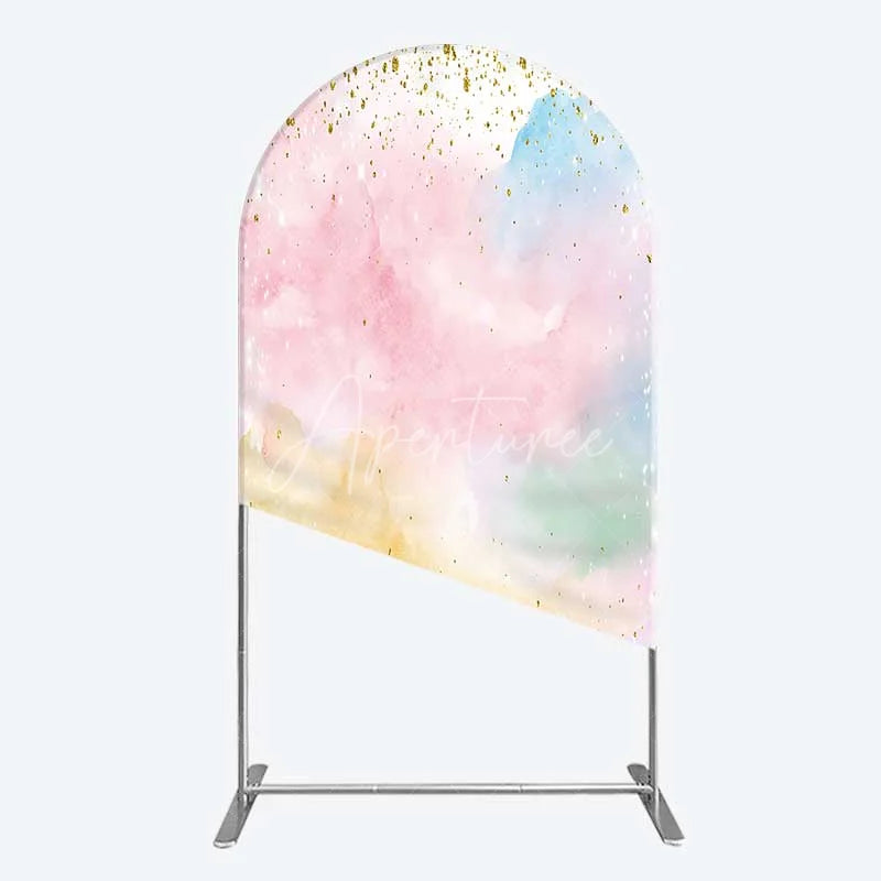 Aperturee - Aperturee Watercolor Abstract Arch Backdrop Pastel Clouds and Gold Glitter Dust Party Decoration