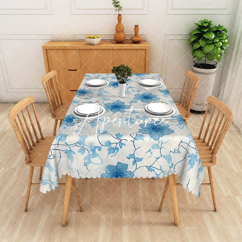 Aperturee - Aperturee Watercolor Blue Flower Rectangle Tablecloth