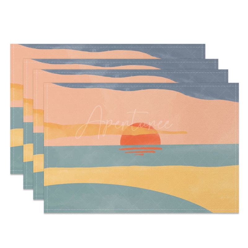 Aperturee - Aperturee Watercolor Blue Sea Red Sunrise Set Of 4 Placemats