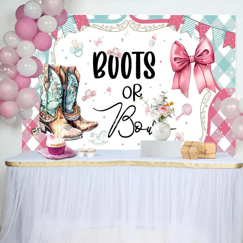 Aperturee - Aperturee Watercolor Boots or Bows Gender Reveal Backdrop Pink and Teal Plaid Baby Shower Background Western Party Decoration