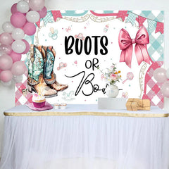 Aperturee - Aperturee Watercolor Boots or Bows Gender Reveal Backdrop Pink and Teal Plaid Baby Shower Background Western Party Decoration