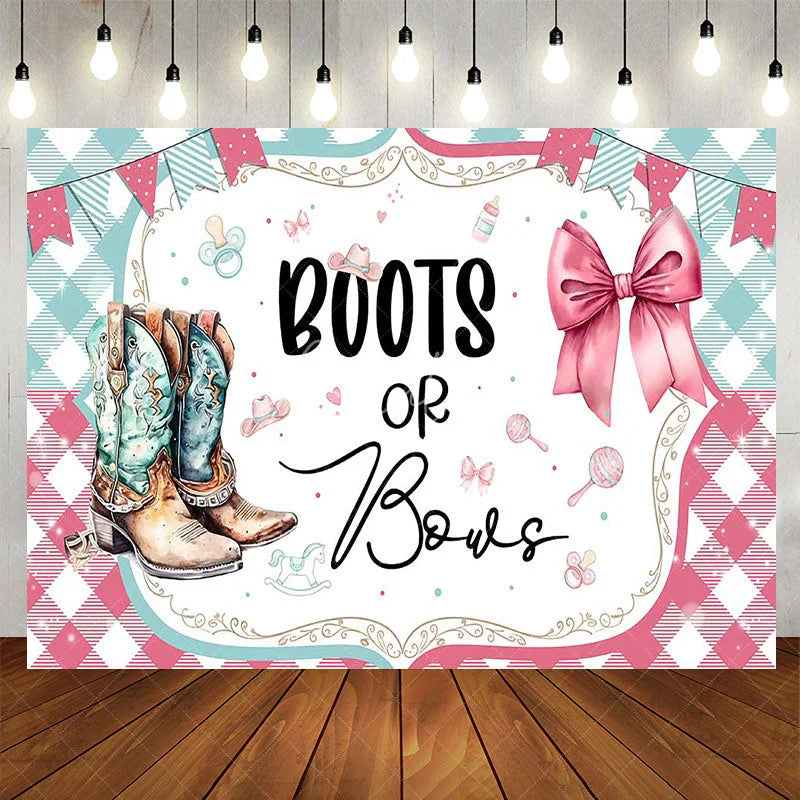 Aperturee - Aperturee Watercolor Boots or Bows Gender Reveal Backdrop Pink and Teal Plaid Baby Shower Background Western Party Decoration