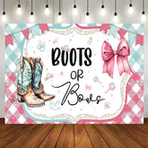 Aperturee - Aperturee Watercolor Boots or Bows Gender Reveal Backdrop Pink and Teal Plaid Baby Shower Background Western Party Decoration