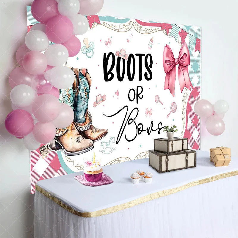 Aperturee - Aperturee Watercolor Boots or Bows Gender Reveal Backdrop Pink and Teal Plaid Baby Shower Background Western Party Decoration